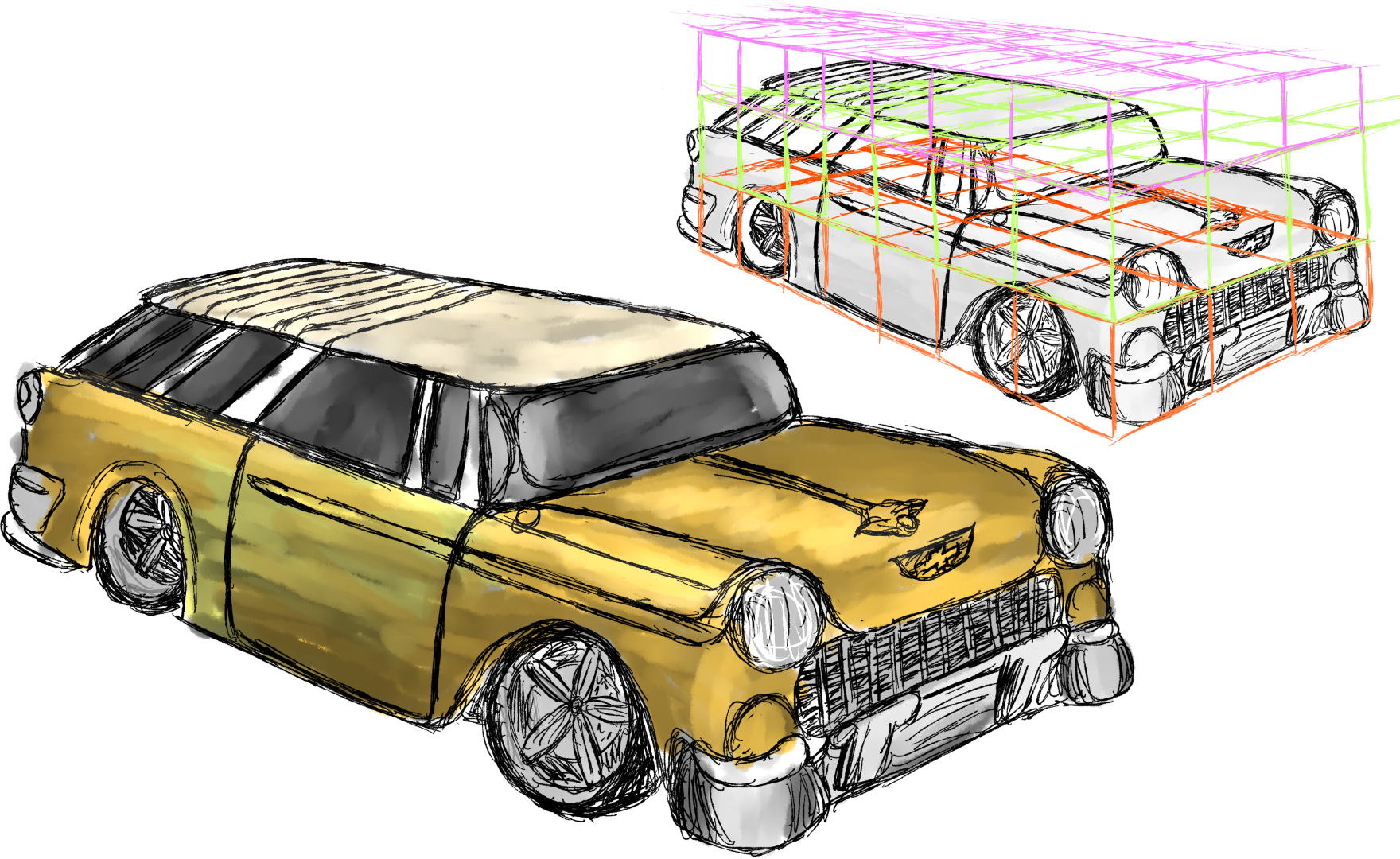 Sketch of a model car, a gold 1950s style station wagon. Top right shows a black and white version of the drawing with a perspective grid that was used to layout the proportions and attempt to accurately show the model to scale.
